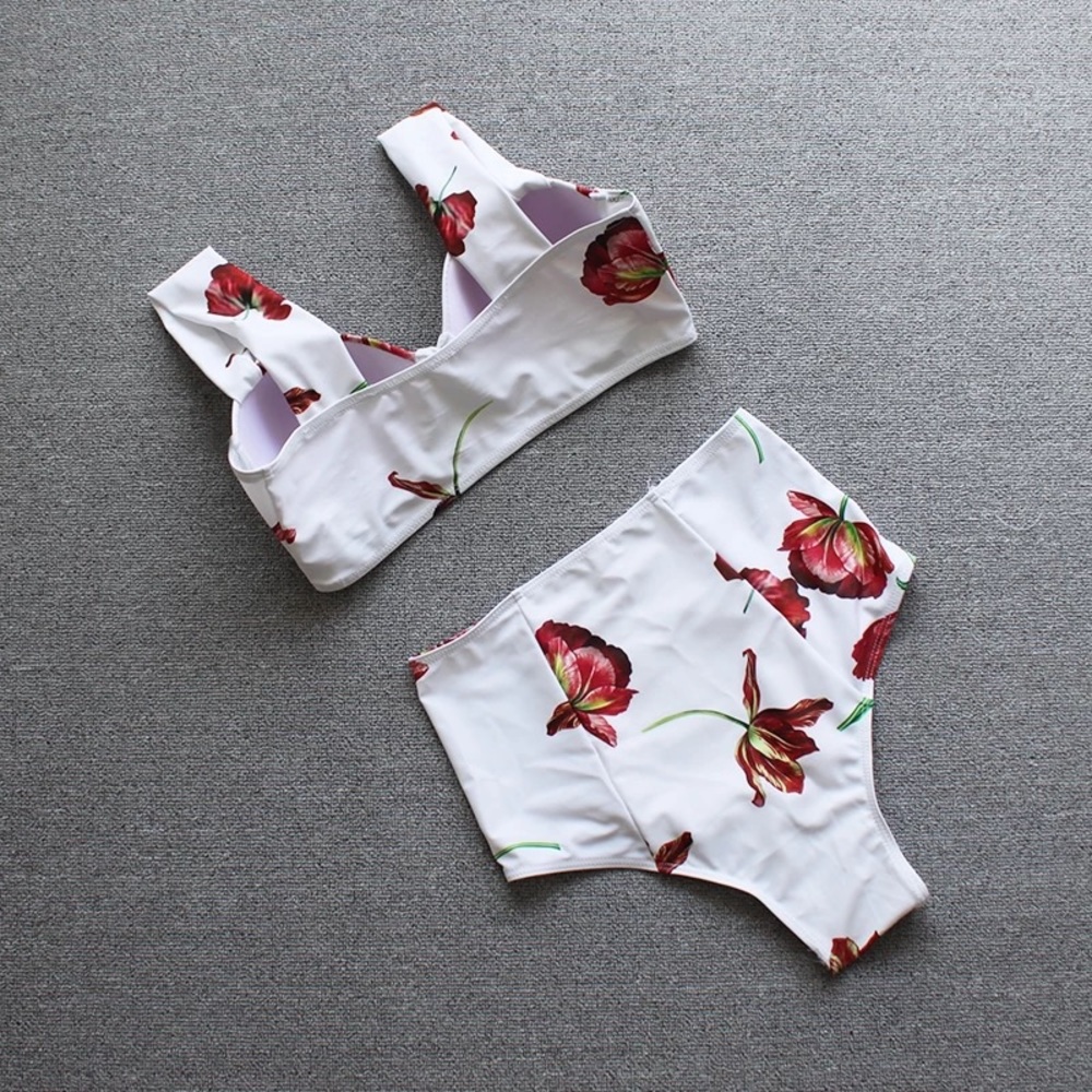 NWT L or XL white floral Spanish square neck hi waist - Picture 3 of 8